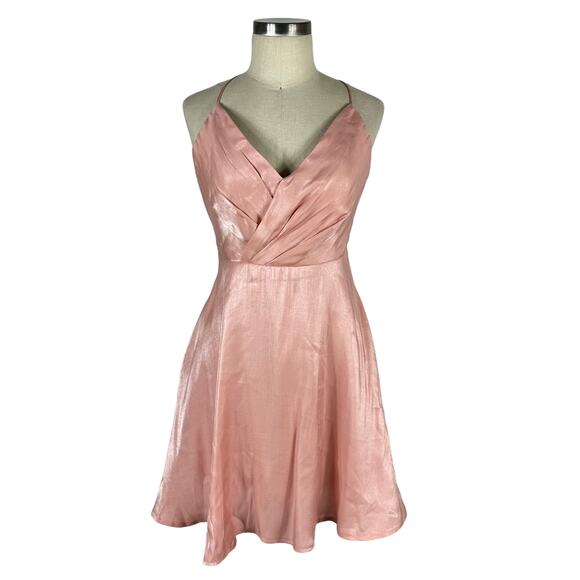 LULUS Shiny Pink Surplice V-Neck Skater Mini Dress Women's Size Medium Glam Chic - Picture 1 of 7